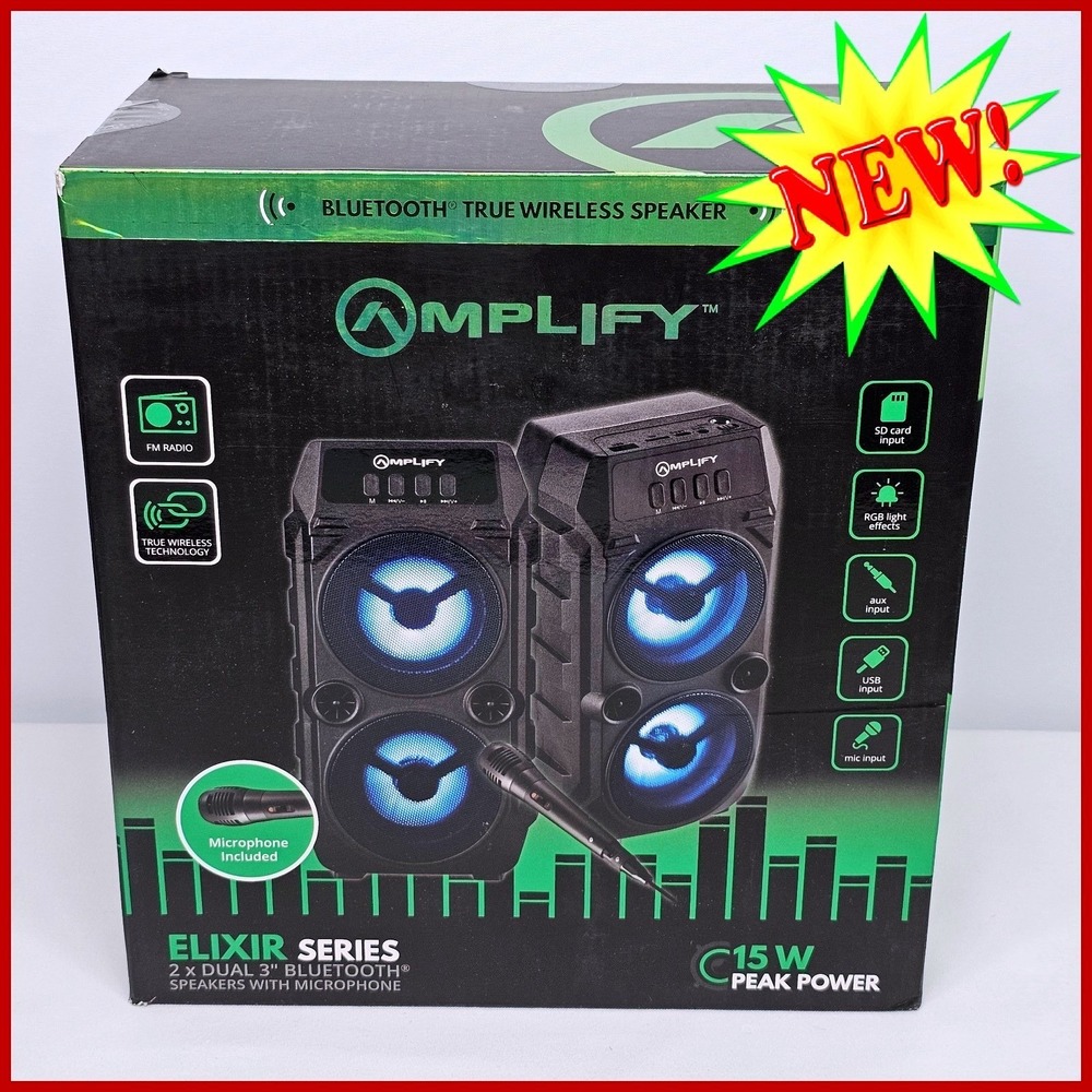 Amplify Elixir Bluetooth Speakers Set 2x‎ RGB Mic Karaoke Portable Party New